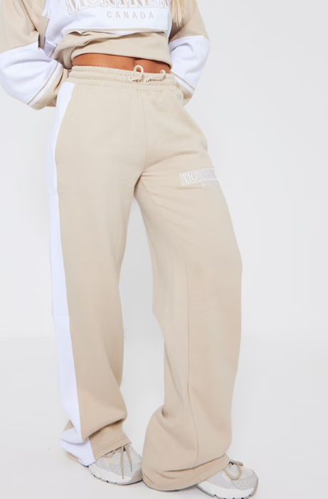 Beige Montreal Embroidered Panelled Wide Leg Joggers