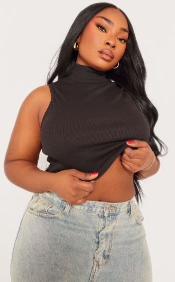 Plus Black Basic Rib High Neck Sleeveless Crop Top
