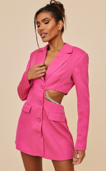 Hot Pink Side Cut Out Diamante Strap Detail Blazer Dress