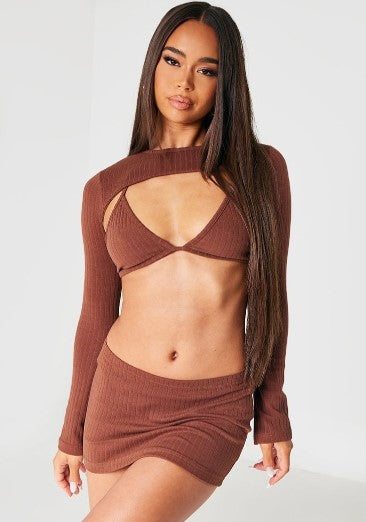 Chocolate Wide Rib Low Rise Extreme Micro Mini Skirt