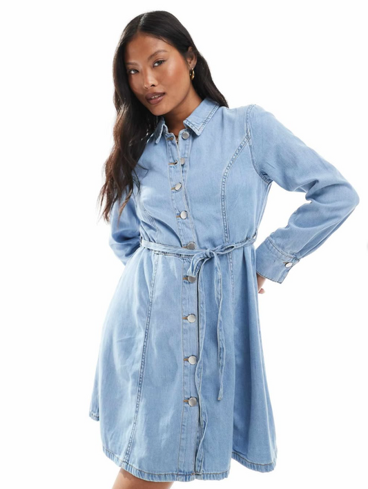 JDY - Petite Tie Waist denim mini dress in lt blue