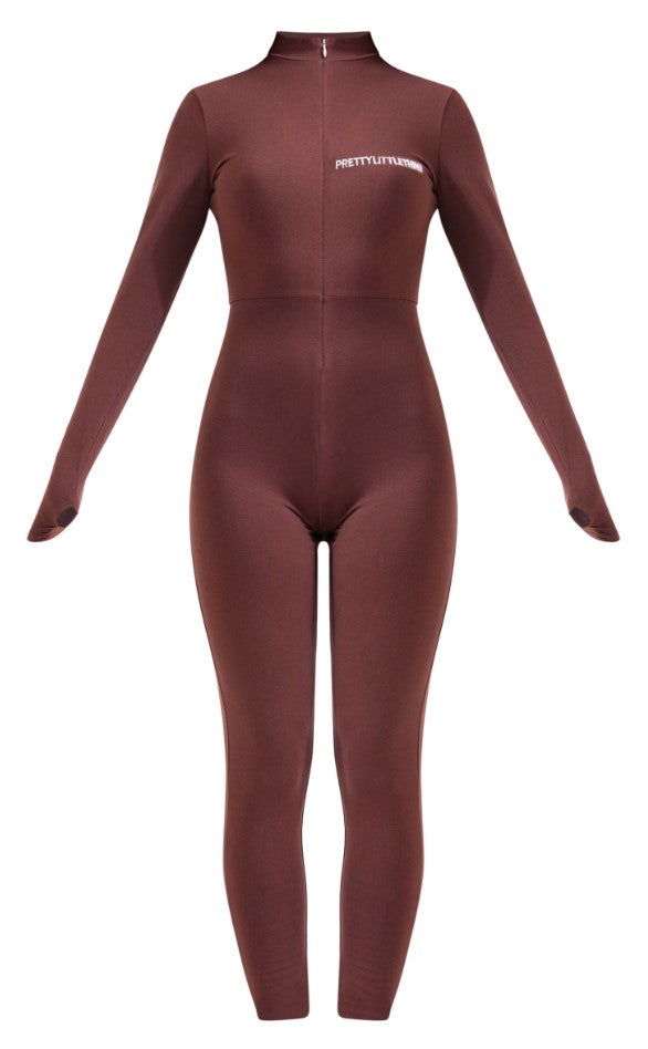 Chocolate Embroidered Zip Front Catsuit