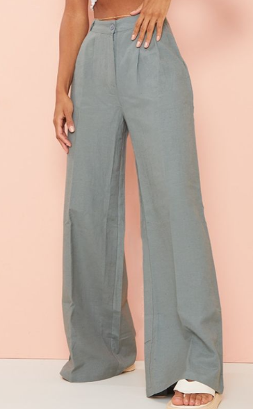 Plt - Grey Linen Look High Waist Wide Leg Trousers