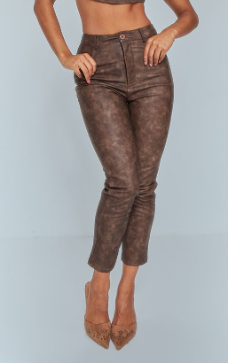 Brown Washed Faux Leather Cropped Trousers