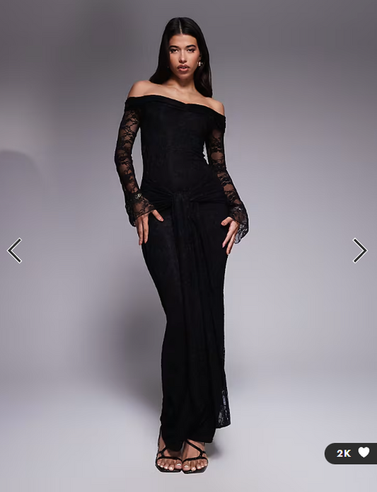 Kaiia exclusive double layered slinky lace bardot flare sleeve tie waist drape detail maxi dress in black