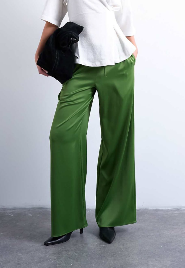 Topshop - satin tie waist wide leg trouser in green