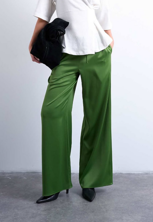 Topshop - satin tie waist wide leg trouser in green