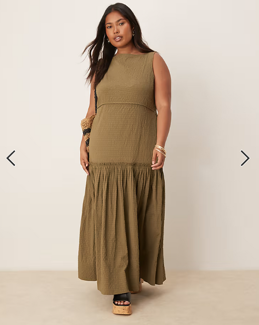 ASOS DESIGN Curve crinkle slash neck maxi dress with seaming detail