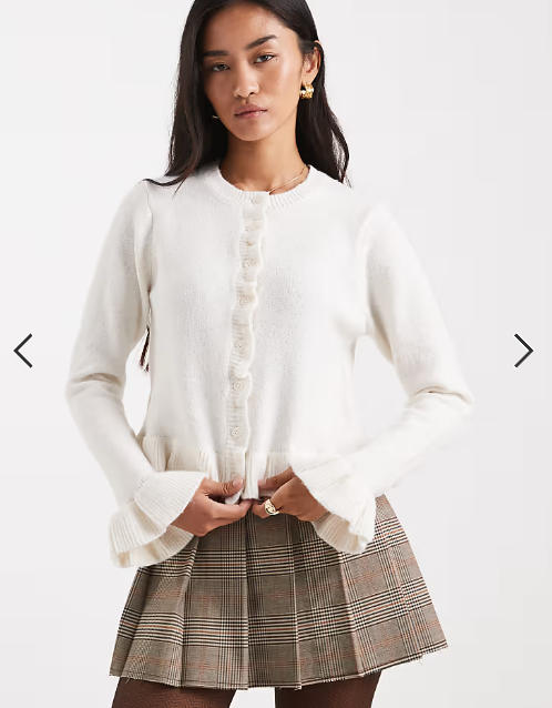 Brave Soul crew neck knitted cardigan with frill cuffs and hem in ivory