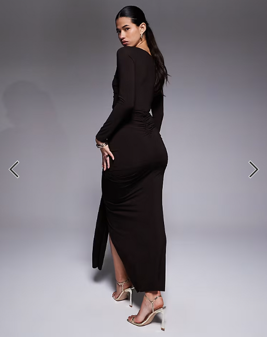 Jaded Rose slinky jersey maxi dress with cut out and ruched details in chocolate