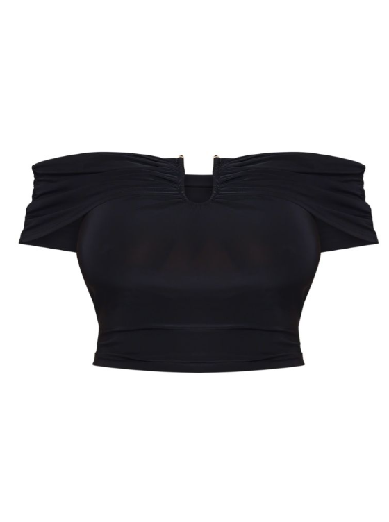 Plus Black Slinky Gold Trim Detail Bardot Top