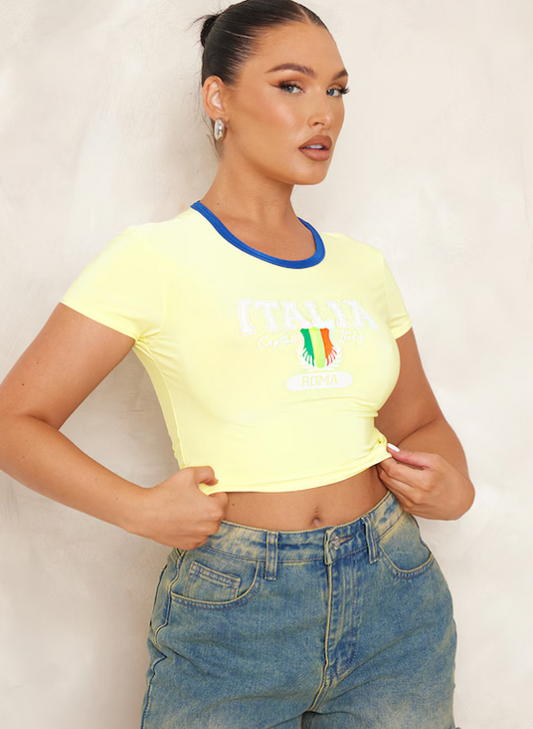 Yellow Italia Printed Fitted Crop T Shirt