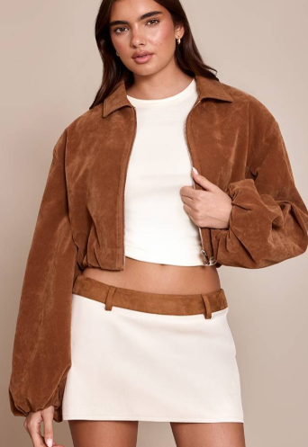 PLT  suede balloon sleeve covered placket jacket