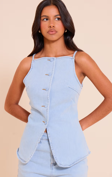 Plt - Petite Light Blue Fitted Square Neck Denim Waistcoat