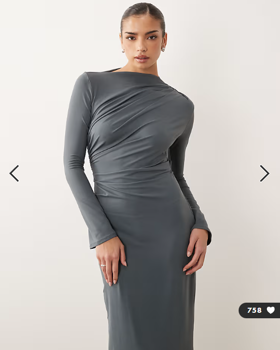 ASOS DESIGN asymmetric drape slash neck maxi dress in slate grey
