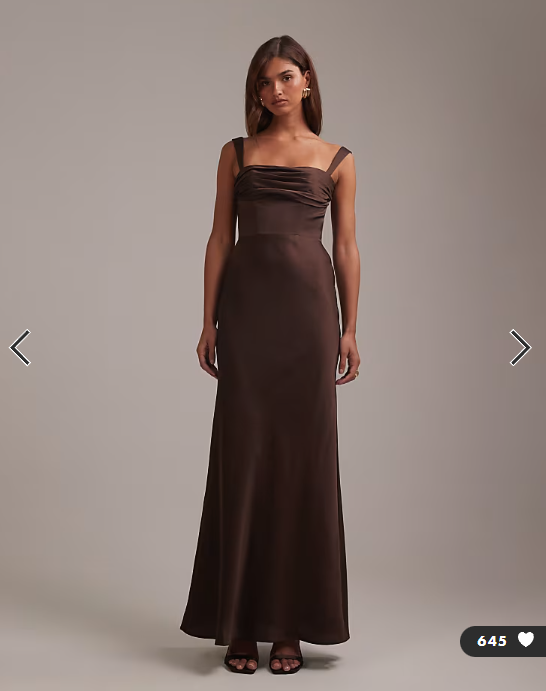 ASOS DESIGN bridesmaids satin draped bust maxi dress with column skirt in chocolate