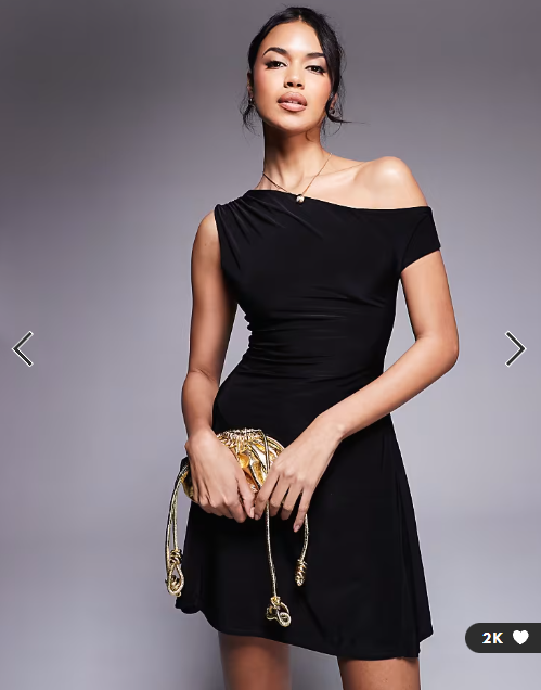 Kaiia exclusive double layered slinky off shoulder drape detail fitted waist mini skater dress in black