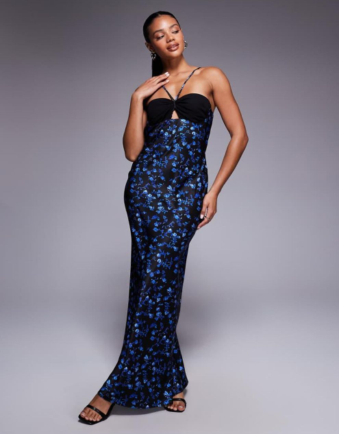 Asos Design satin strappy halter maxi dress in multicolor