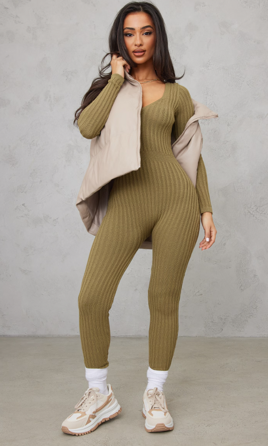 Petite Olive Long Sleeve Knitted Jumpsuit