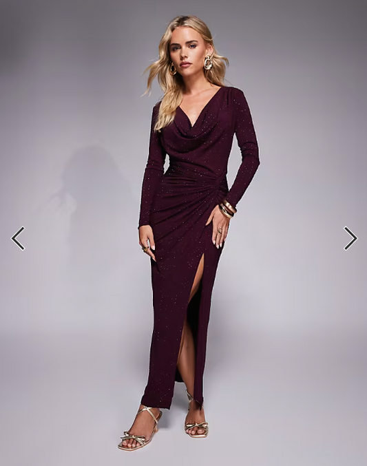 TFNC Petite cowl neck embelished maxi dress with thigh split in cherry
