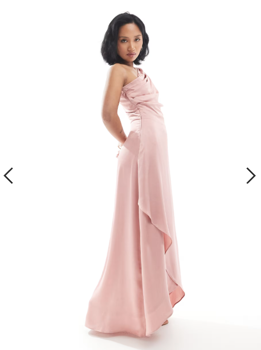 TFNC Petite Bridesmaid one shoulder satin maxi dress with wrap skirt in dusky pink