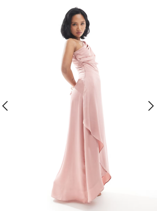 TFNC Petite Bridesmaid one shoulder satin maxi dress with wrap skirt in dusky pink