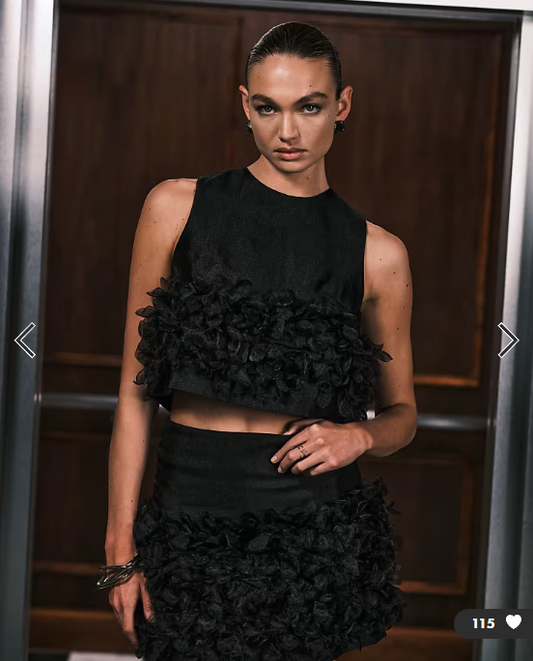 Sister Jane Plume organza 3D floral crop top co-ord in black