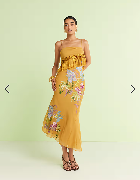 ASOS DESIGN fringe detail embroidered maxi dress in mustard