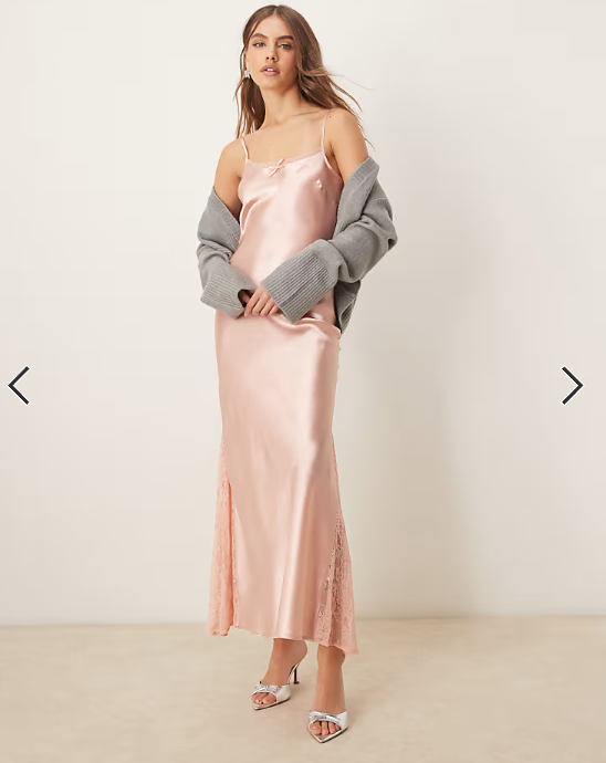 Miss Selfridge satin lace mix maxi slip dress in light pink