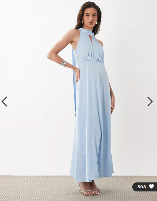 YAS high neck scarf detail satin drapey midaxi dress in soft blue