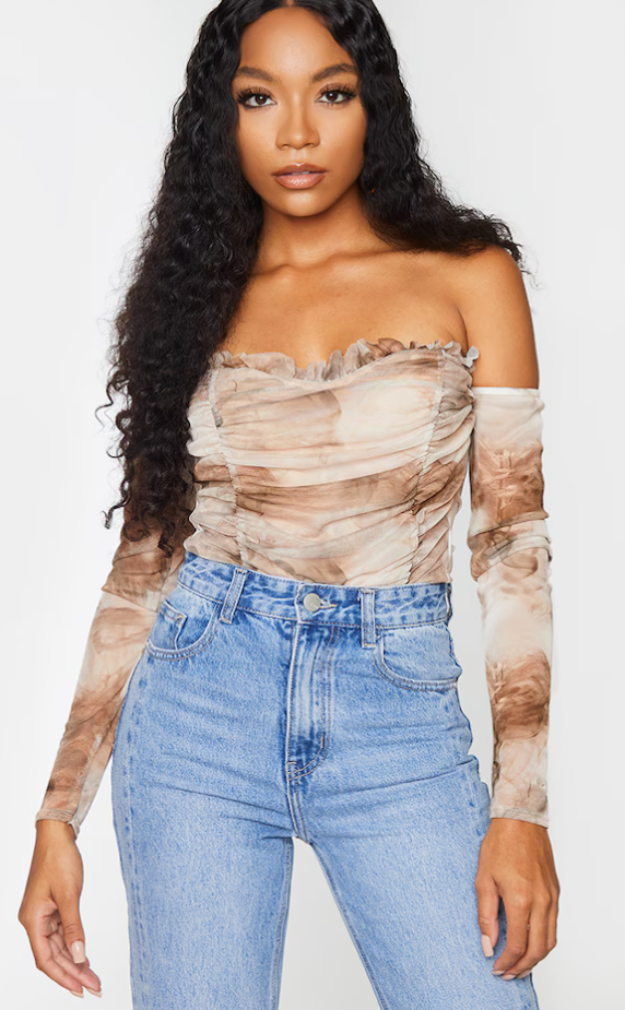 Nude Smoke Printed Mesh Ruched Bardot Bodysuit