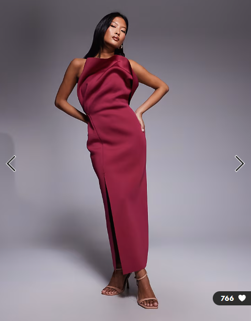 ASOS DESIGN Petite one shoulder exaggerated twist midi dress in burgundy scuba-style fabric