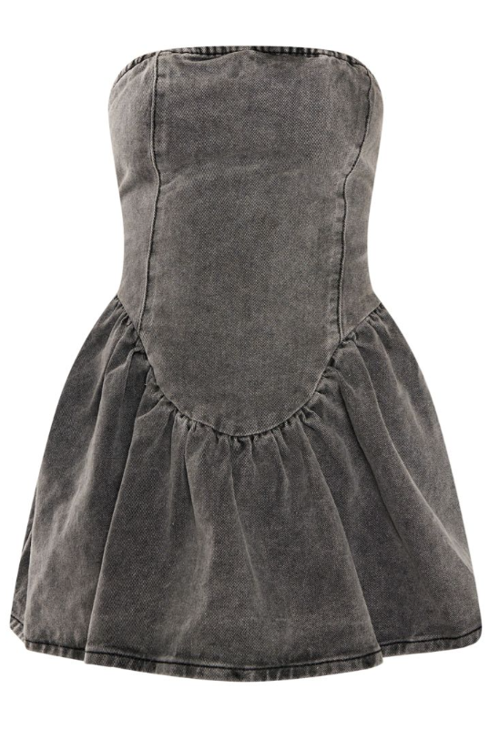 Washed Grey Lace Up Back Denim Puffball Dress