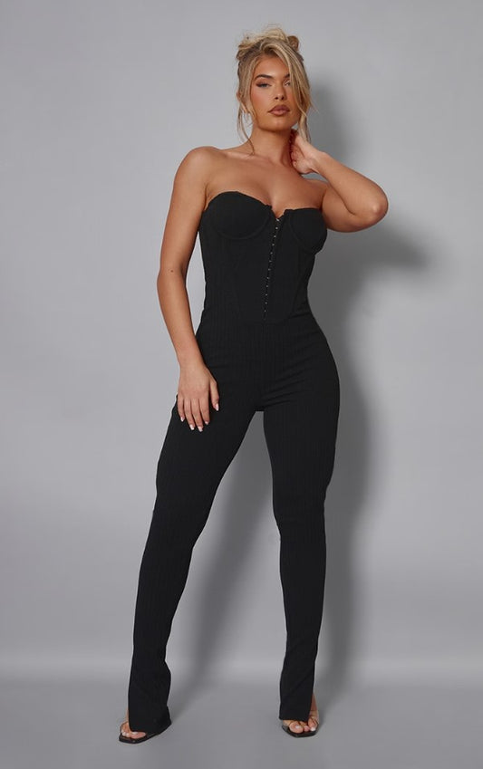 Black Textured Rib Corset Bandeau Split Hem Jumpsuit