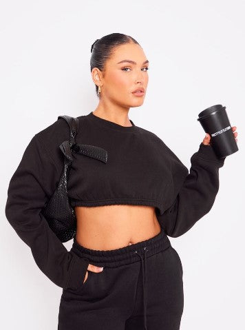 Black Cropped Elasticated Hem Sweatshirt