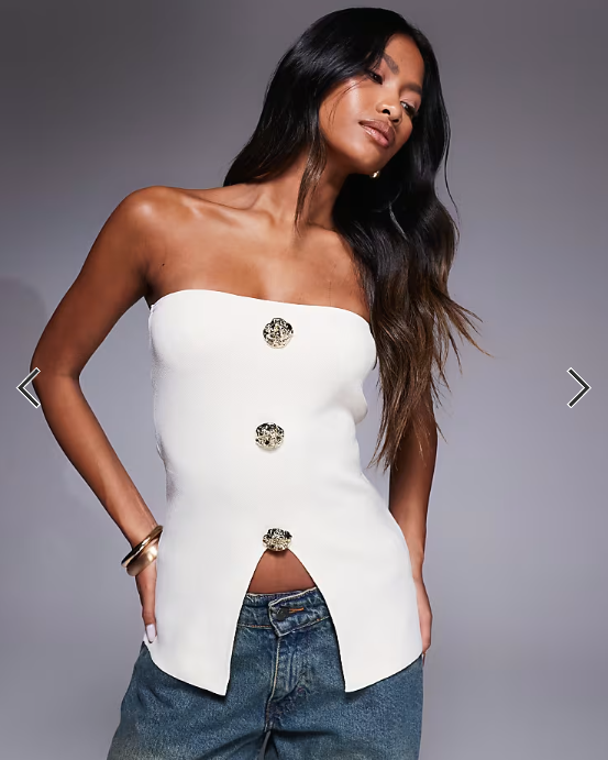 Asos DESIGN knitted button front bandeau with gold buttons in ecru
