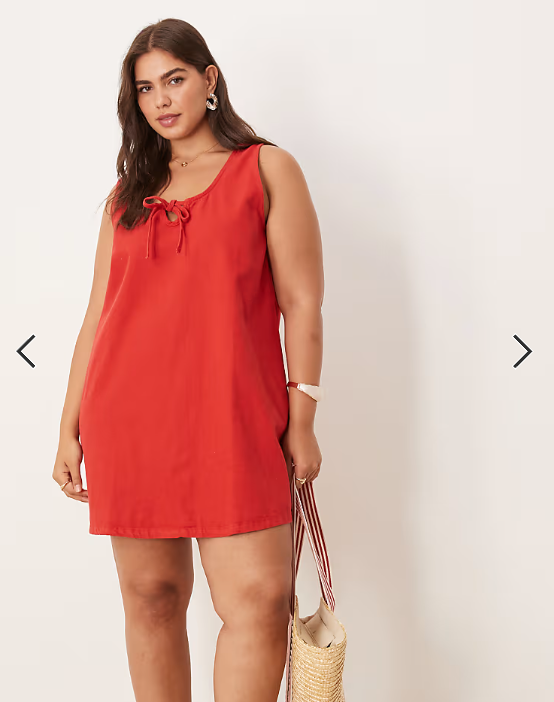 ASOS DESIGN Curve denim scoop mini dress with bow front in red