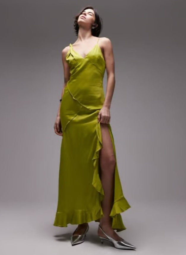 Topshop twist shoulder exposed seam midi slip dress in lime green
