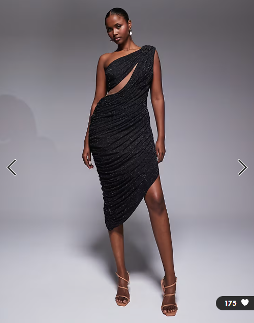 JLUXLABEL Aura one shoulder draped cut out asymmetric midi dress in black glitter