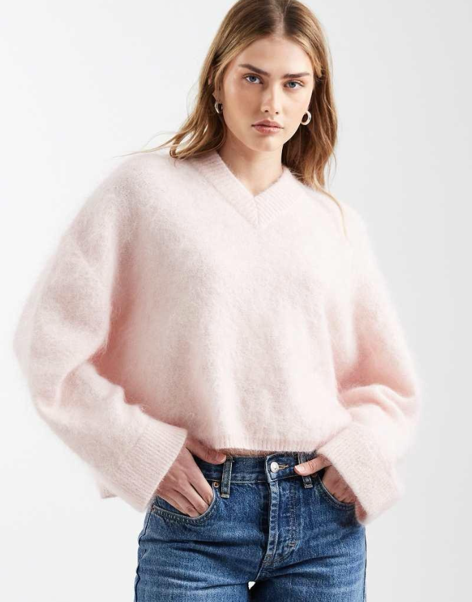 ASOS DESIGN premium mohair wide sleeve jumper with v neck Pink