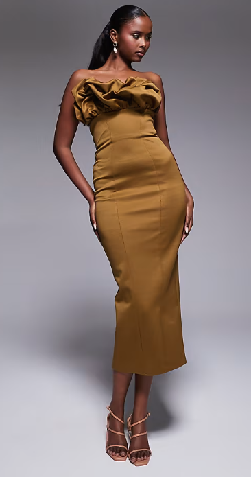ASOS DESIGN bandeau structured midi dress with ruffle bodice detail in olive