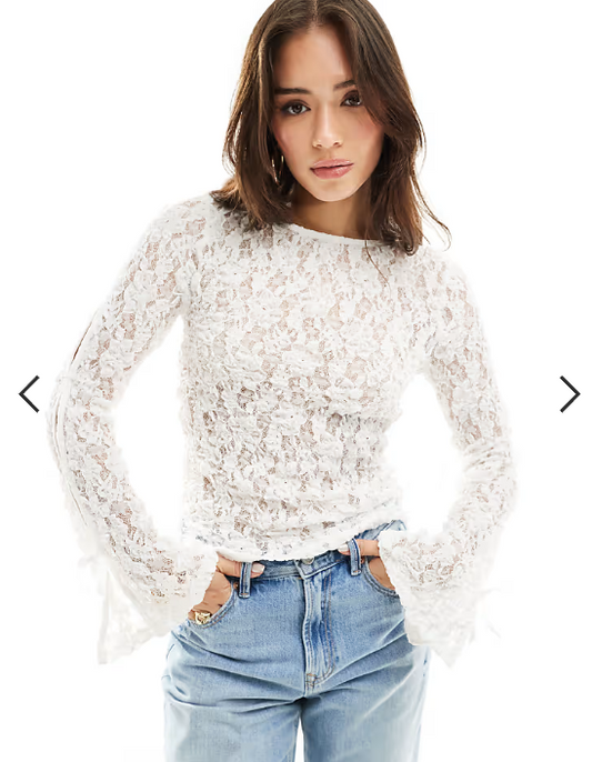 ASOS DESIGN slash neck lace top with bow detail in ivory