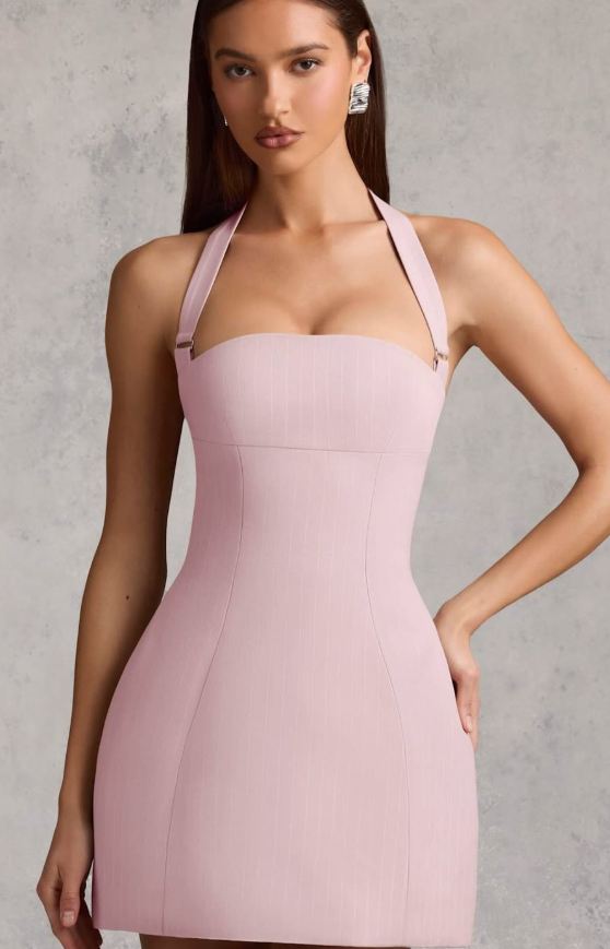 OhPolly-Pinstripe Halterneck Structured A-Line Mini Dress in Mauve