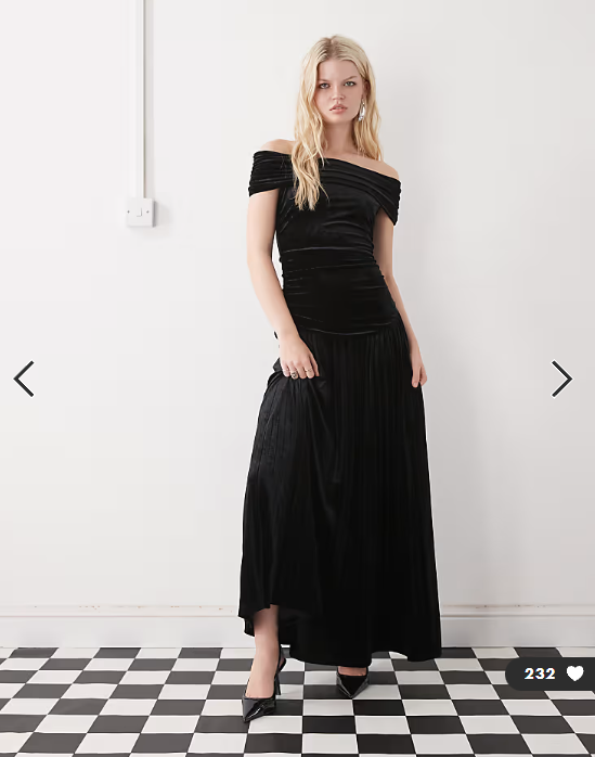 Lioness Field of Dreams foldover bardot ruched drop waist pleated velvet maxi dress in black