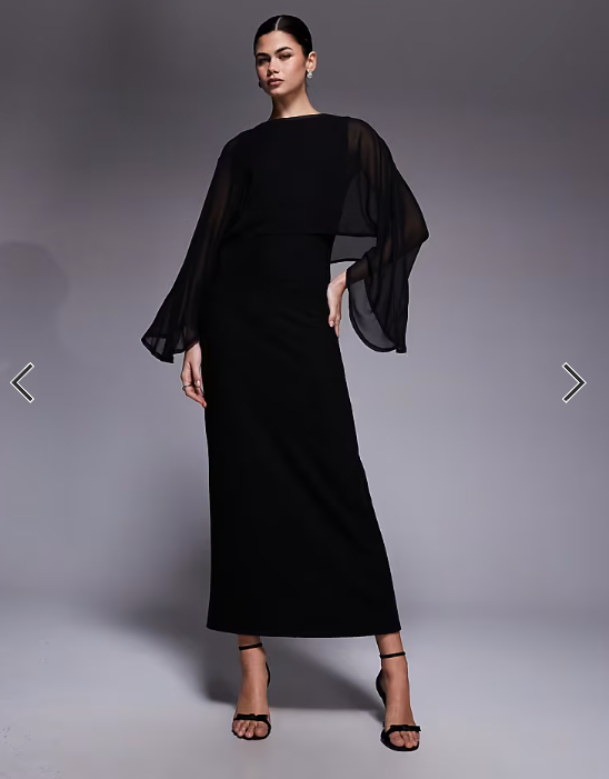 ASOS DESIGN asymmetric sleeve maxi dress with chiffon cape in black
