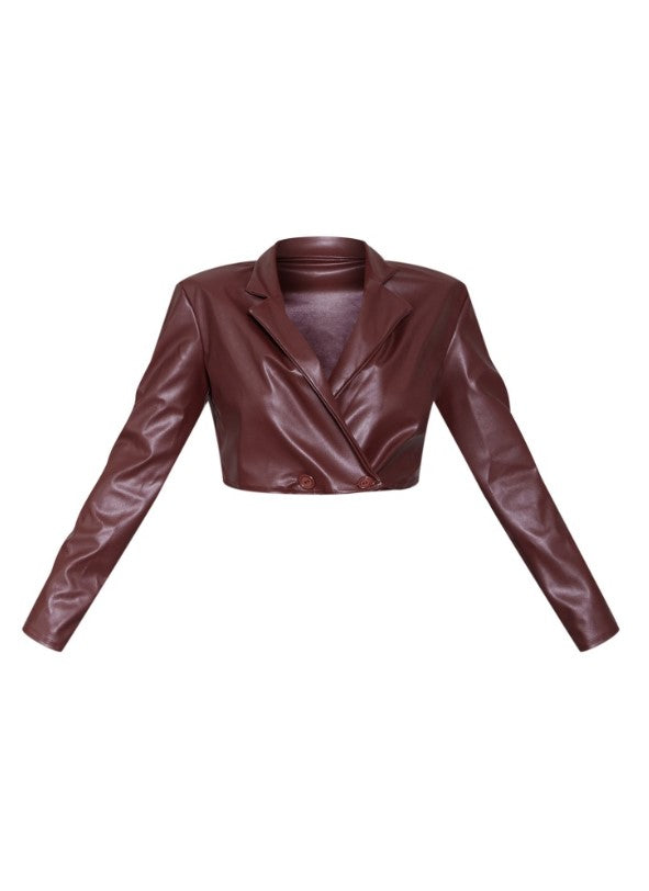 Chocolate Basic Double Breasted Faux Leather Cropped Blazer