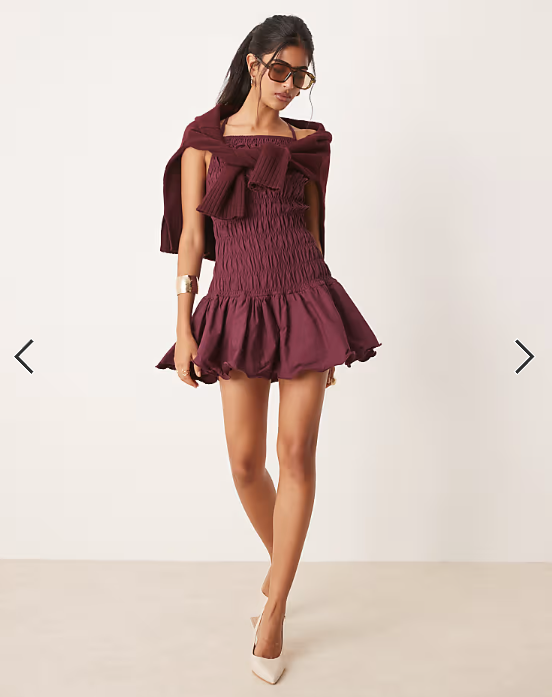 ASOS DESIGN shirred bodice racer drop waist mini dress in plum