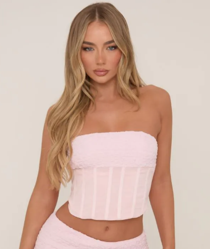 Bandeau Contrast Lace Up Back Corset Top In Pink Texture