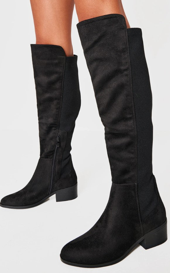 Black Faux Suede Wide Fit Round Toe Block Heel Knee High Boots