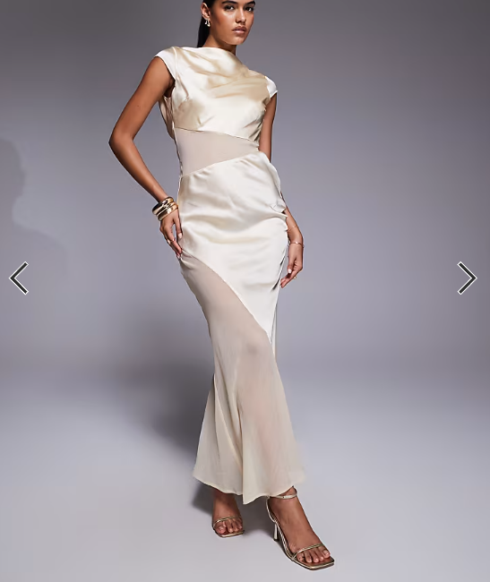 ASOS DESIGN cap sleeve satin midi dress with sheer chiffon panels in buttermilk